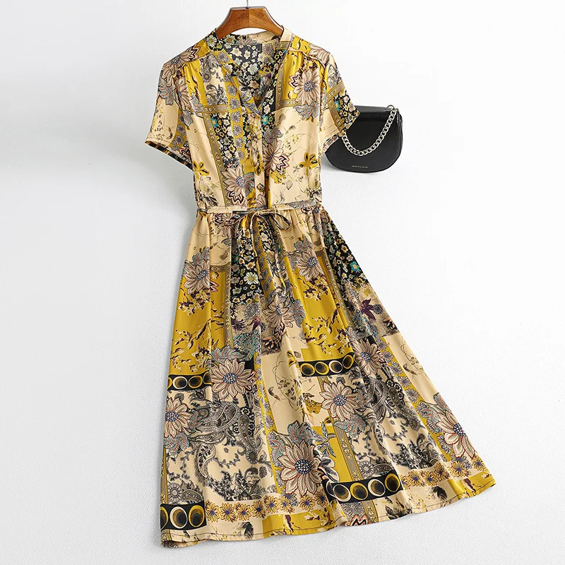 Mulberry Silk Dress Summer Women's New Chinese Slim Long Dress High Grade Printed Small Mom Dress