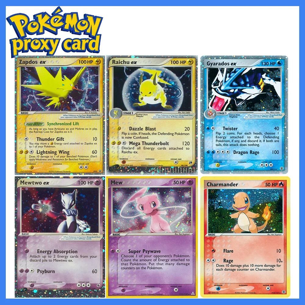 Cartas PTCG Raras Holo Ex Mew Charmander Raichu Scyther Gyarados Coleção de Cartas de Jogo Cartas Individuais com Efeito Metalizado Cartas Proxy Pokémon
