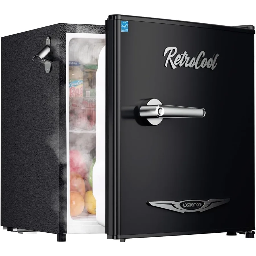 

Мини-холодильник в стиле ретро 1,7 куб. фута с низким уровнем шума, энергосберегающий дизайн, регулируемый термостат, однодверная боковая открывалка для бутылок