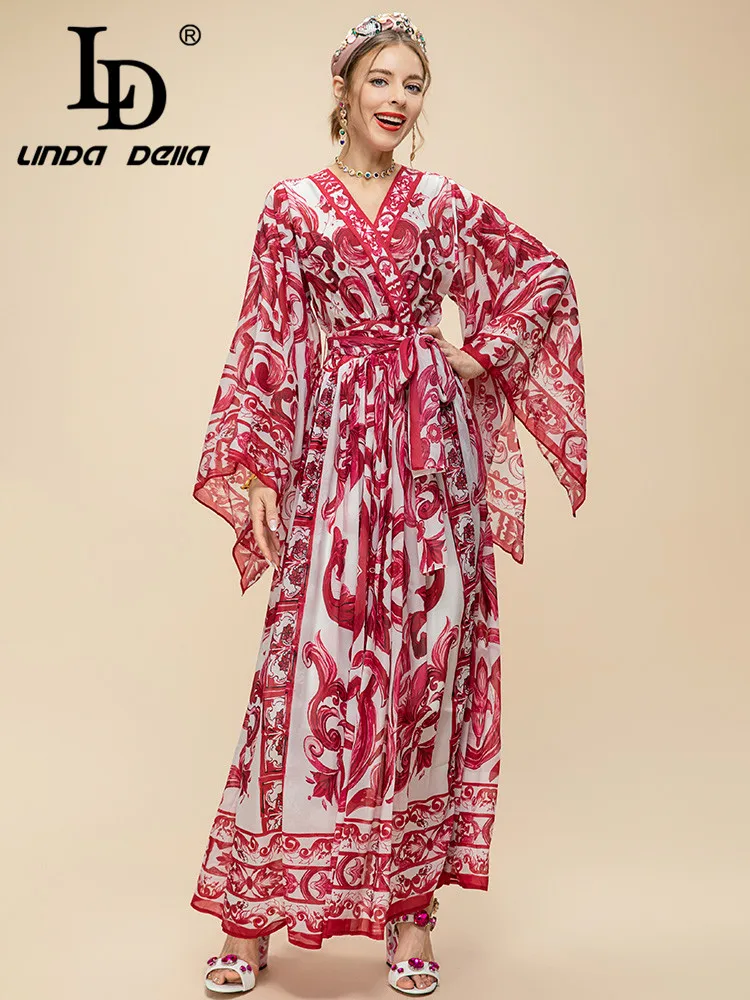 LD LINDA DELLA Summer Vintage  Bohemia   Dress Women's Wine Red  Batwing Sleeve Belt Print Crumple Loose Party  Dress