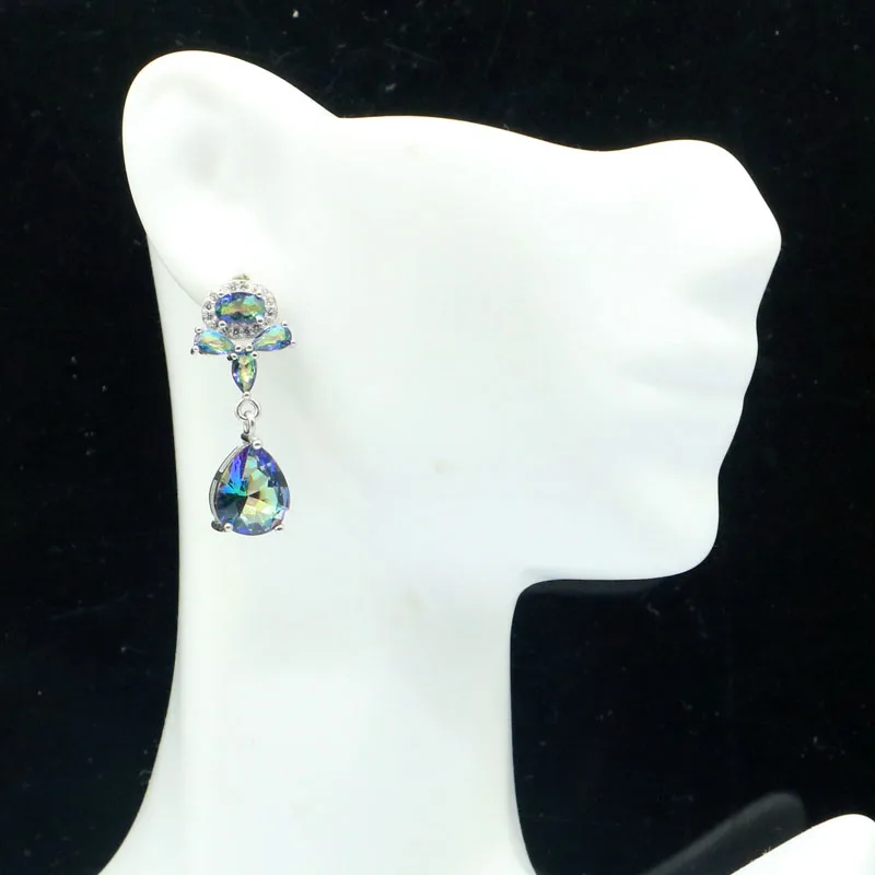 29x12mm Dazzling 4.5g Fire Rainbow Mystic Topaz London Blue Topaz White CZ 925 Solid Sterling Silver Earrings