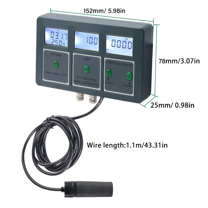 ABKD 8-In-1 Rechargeable Water Quality Tester Tool S.G PH EC Salt ORP TDS CF Temp Multi Parameter Test For Aquarium