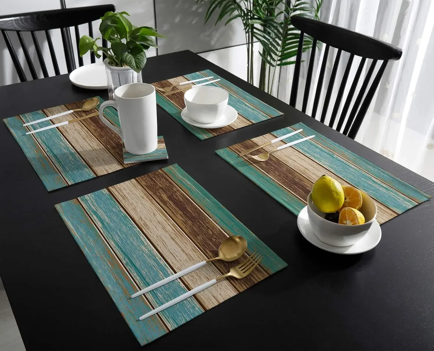 Vintage Rustic Wood Textured Polyester Stain Resistant Placemat Washable Table Decor Table Mat