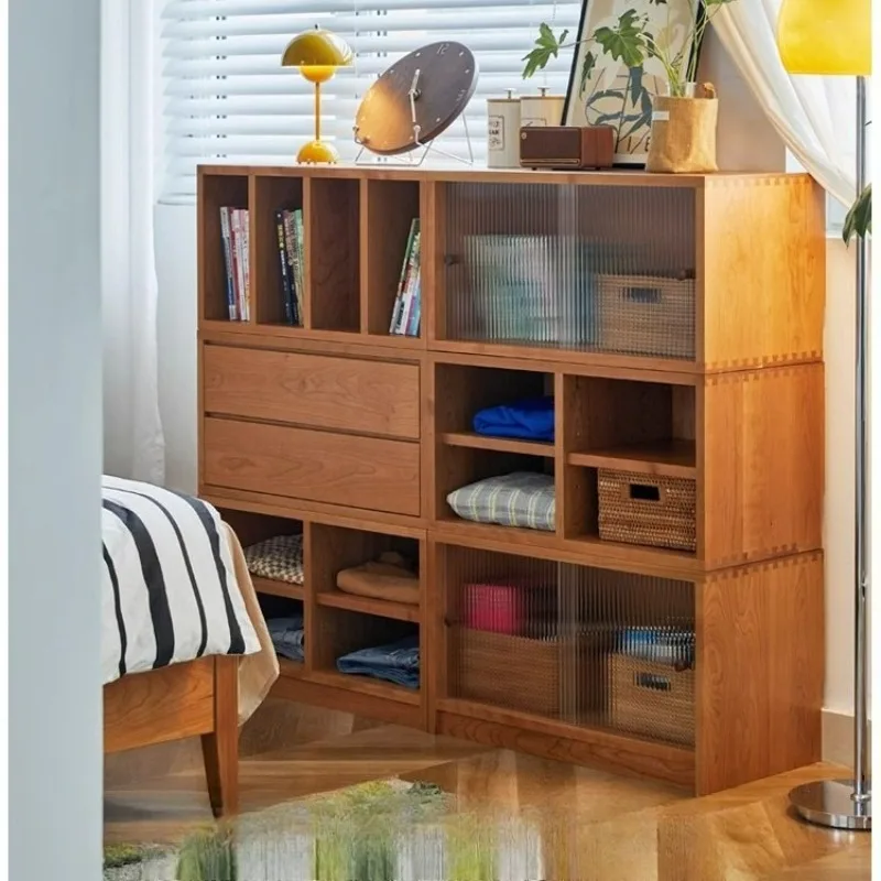 wood bookcase free combination module floor-to-ceiling living room cherry wood bay window lattice display storage low cabinet