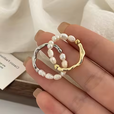 2024 New Fashion Silver Color Pearl Beaded Rings For Women Simple Metal Irregular Geometric Finger Ring Wedding Jewelry Gift