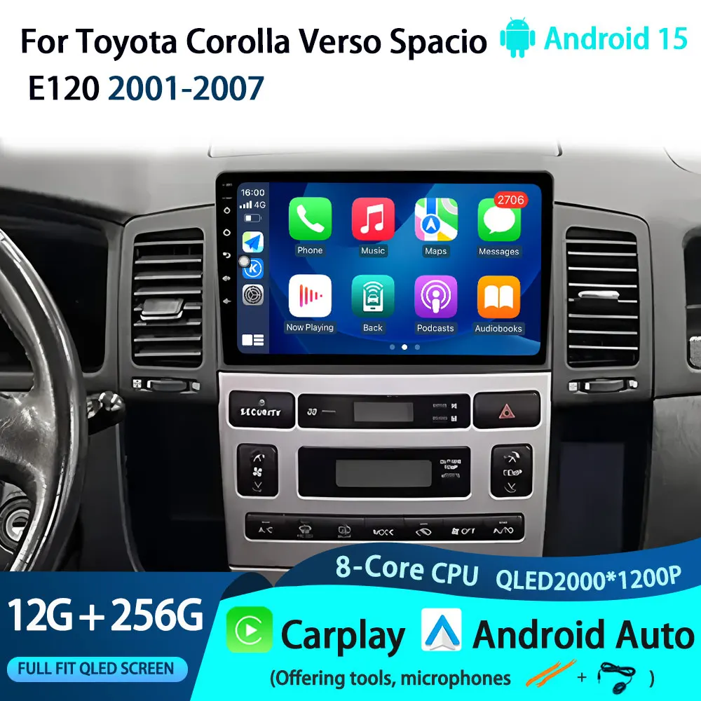 Pour Toyota Corolla Verso Spacio E120 2001-2007 Autoradio Carplay WIFI Autoradio GPS Navigation multimédia vidéo stéréo DSP Audio