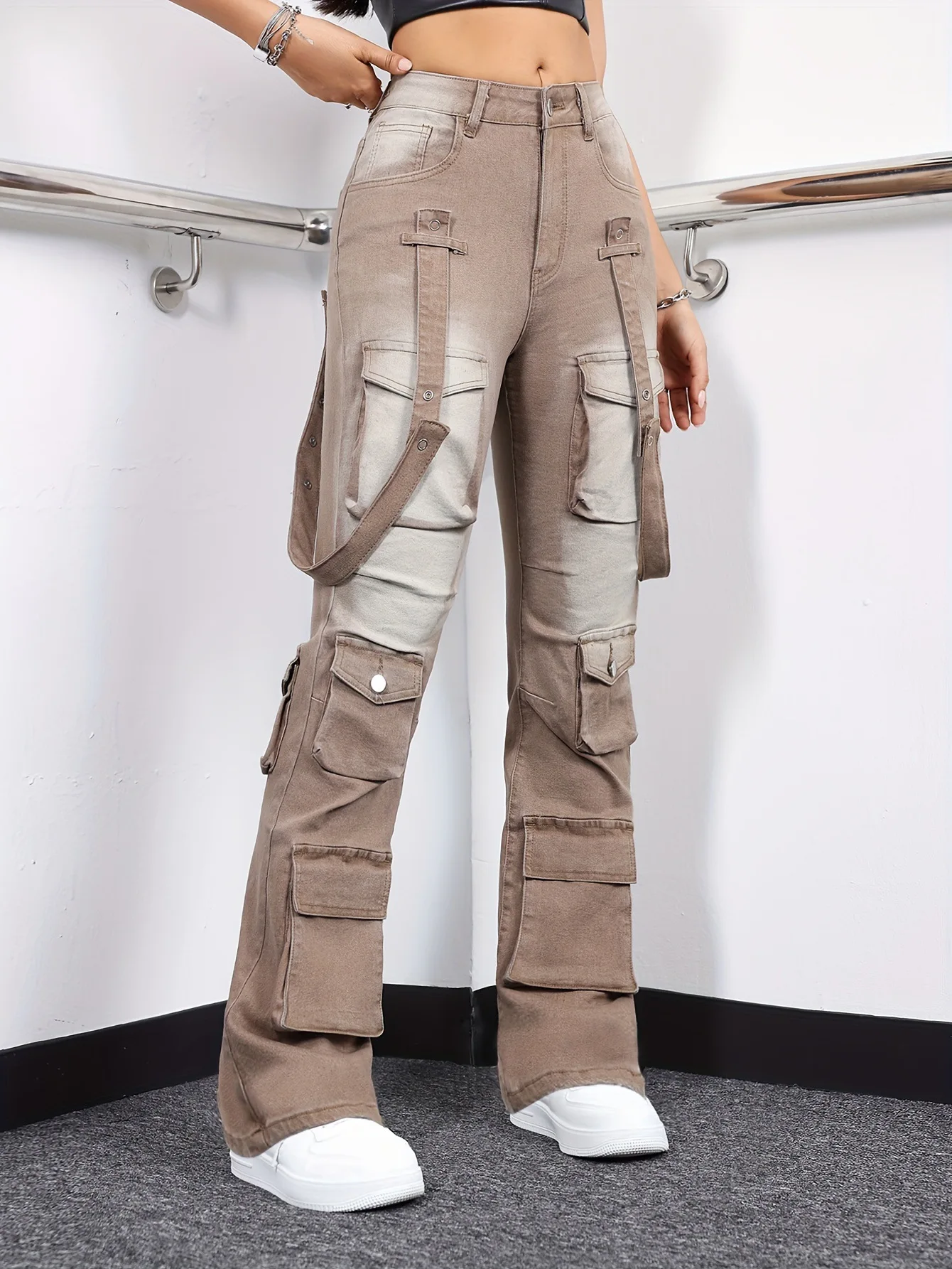 Pantalones vaqueros con múltiples bolsillos para mujer, ropa de trabajo de tubo holgado y recto con diseño de doble correa, estilo americano, pantalones vaqueros con bolsillo