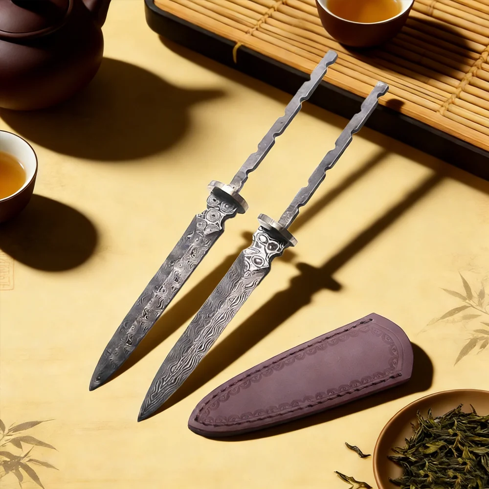 7cm Real Damascus Steel Tea Knife Blank - Rose Pattern Semi-Finished DIY Tea Needle Sword Accessory