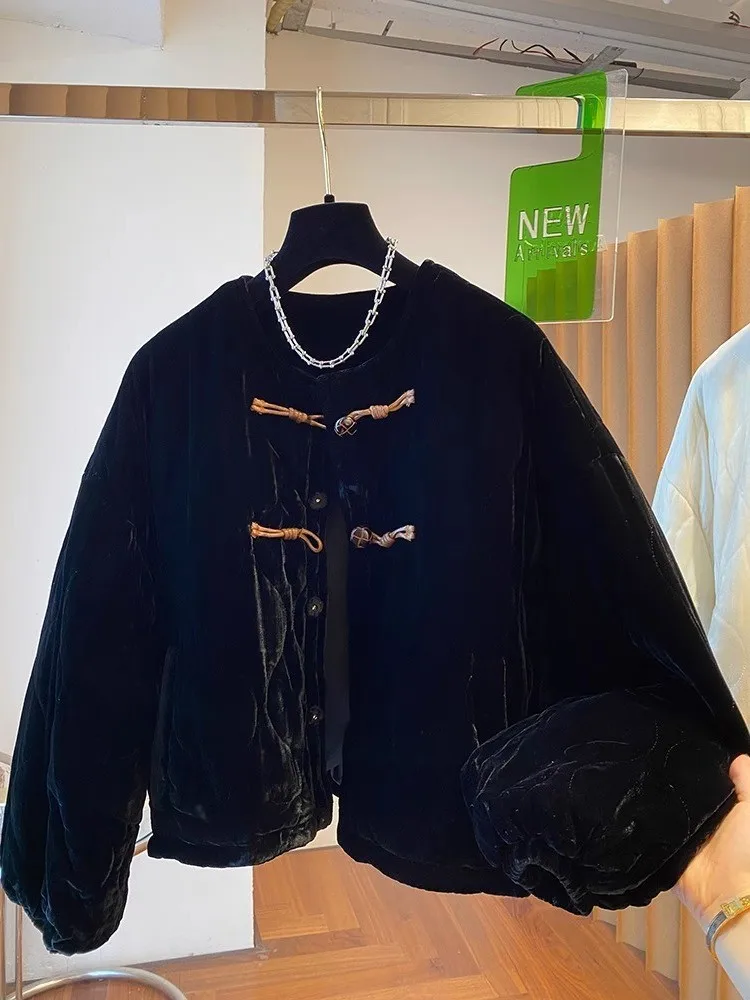 

New Chinese Sle Retro Buttoned Diamond Pattern Cotton Jaet ort Autumn Winter Gold Velvet Loose Cotton Clothes for Women