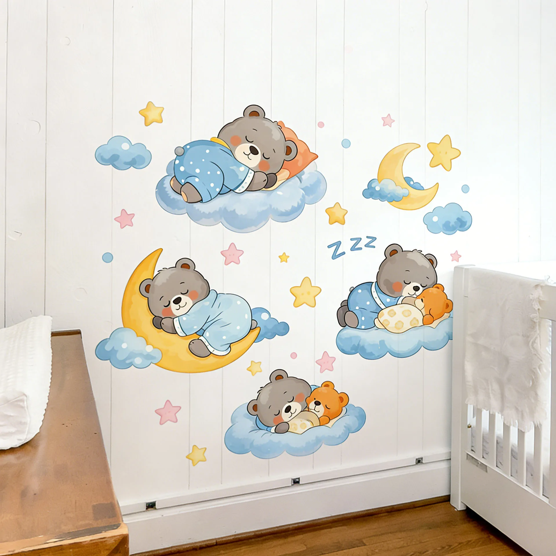Cute Sleepy Bear Wall Decals, Removable Pajama Bears with Moon & Stars for Kids Room