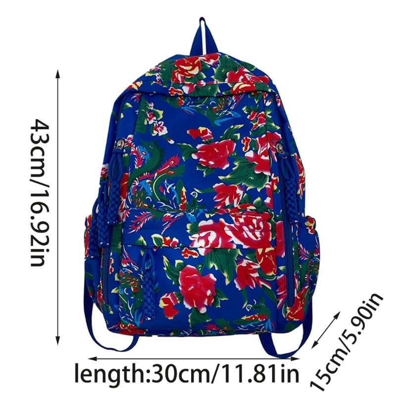 Mochila estilo chino, bolso escolar con estampado flores grandes capacidad