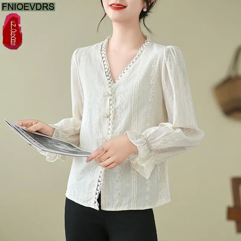 Vestiti larghi 2024 vendite calde Retro Button Ruffles top manica svasata donna Office Lady Basic Lace Shirts camicette