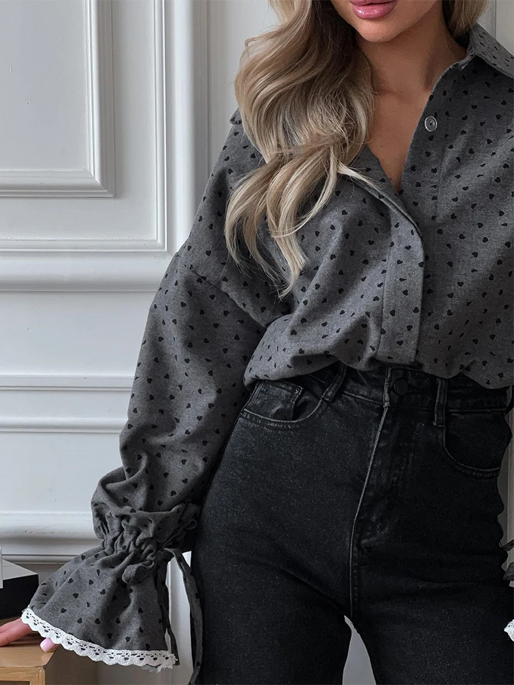 Trendix Heart Print Elegant Shirts For Women Grey Loose Lace Patchwork Long Sleeve Shirt Femme Vintage High Street Chic Clothes
