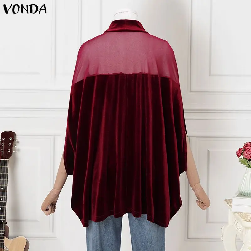 VONDA Elegante Frauen Bluse 2026 Mode Samt Tops Mesh Patchwork Büro Blusas Herbst Stehkragen Fledermaus Ärmel Hemd Streetwear