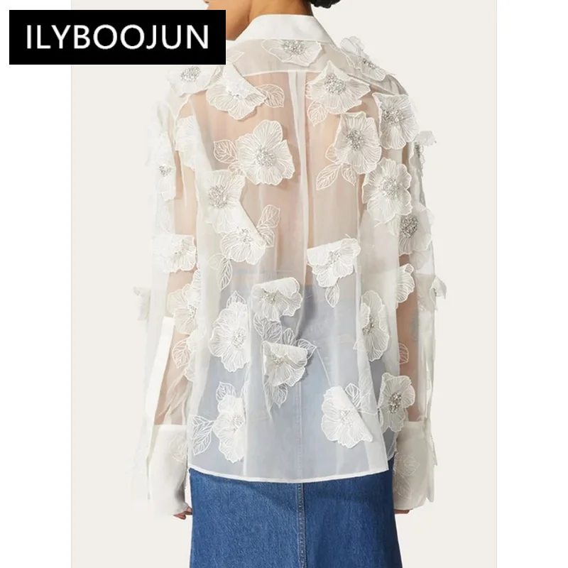 Patchwork Appliques Solid Casual Blouses For Women Lapel Long Sleeve Spliced Sheer Mesh Temperament Loose Shirts Female New