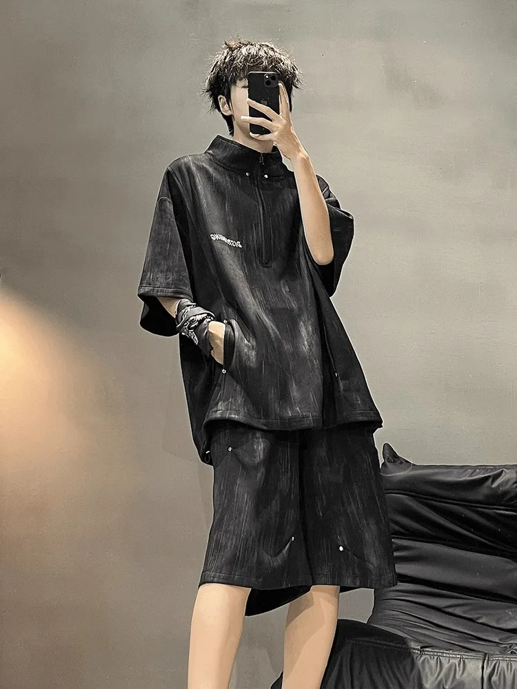 

Bla Dyed Sports ort Sve Мужской повседневный комплект Прохладный летний американский OOTD Модная футболка и брюки молодежный комплект Faion