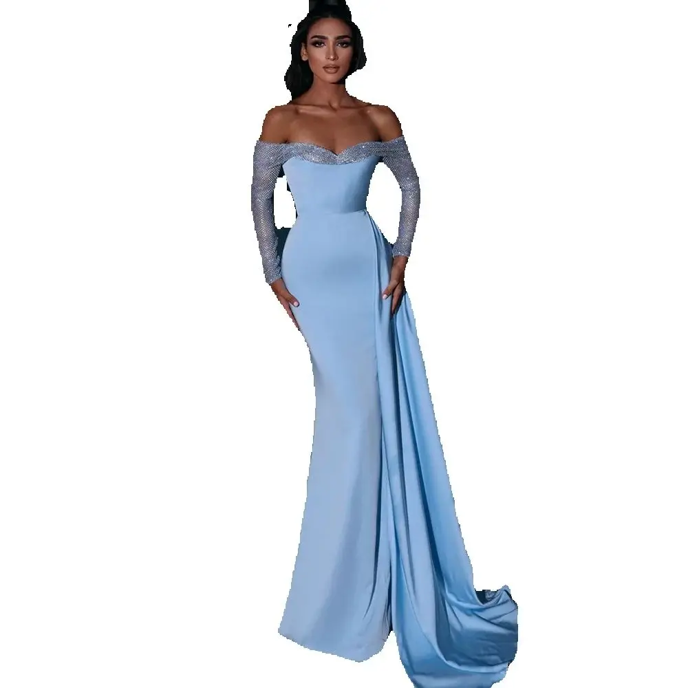 Exquisite Blue Evening Party Dresses Sweetheart Shiny Off the Shoulder Sleeves Floor Length Slim Fit Smart Women Prom Gowns