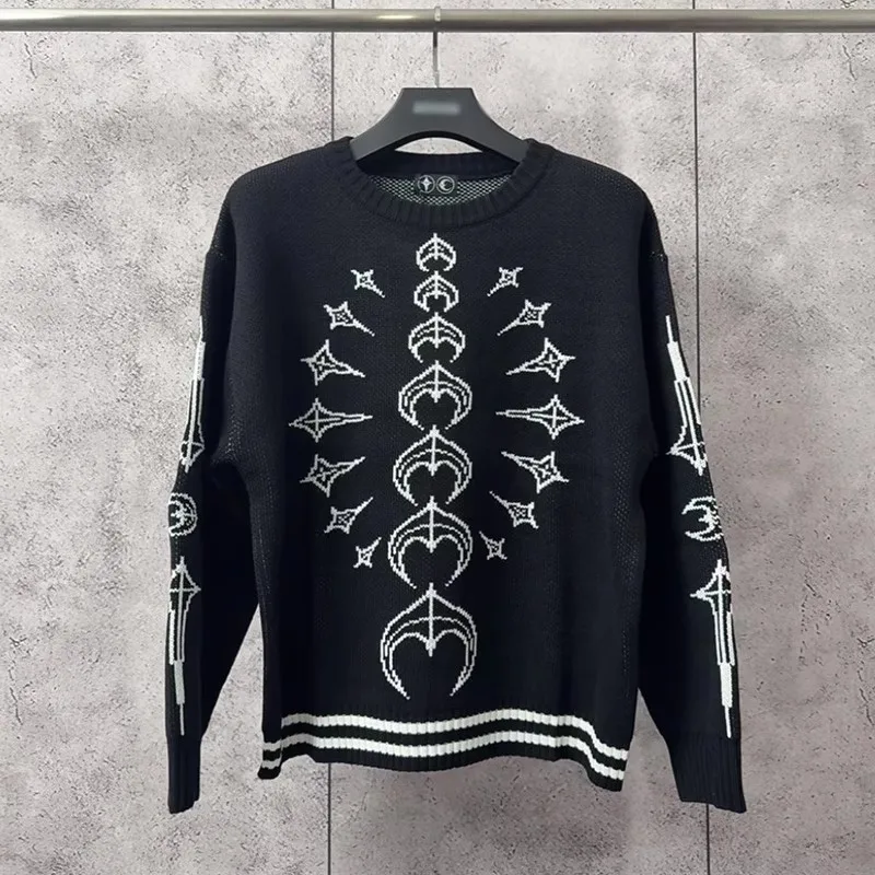 

Thug Club черный свободный жаккардовый вязаный свитер со звездами и лунным узором в стиле скелета для мужчин и женщин, винтажные свитера в полоску высокого качества