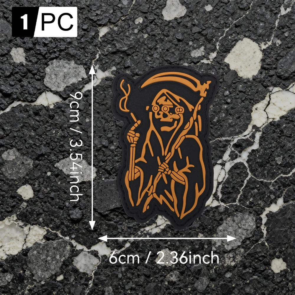 Luminous PVC armband with a scythe-wielding skull alien design, comes with matching hook-and-loop accessories, suitable for casual jackets, personal accessories, and DIY decorative patches view 4