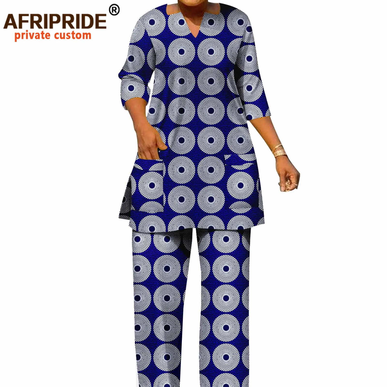 African Clothes for Women V-neck Shirts and Pants 2 Piece Set Ankara Attire Print Outfits Loose Casual Wear Pockets A2226014