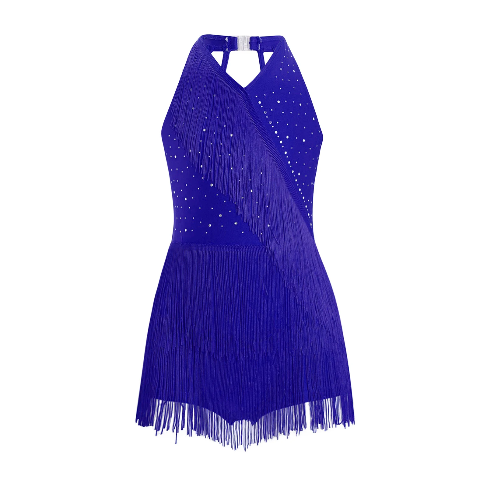 Kids Girls Glittery Rhinestones Fringe Ballet Leotards Gymnastics Latin Tango Dance Costume Halter Strappy Back Tassel Jumpsuit image 3