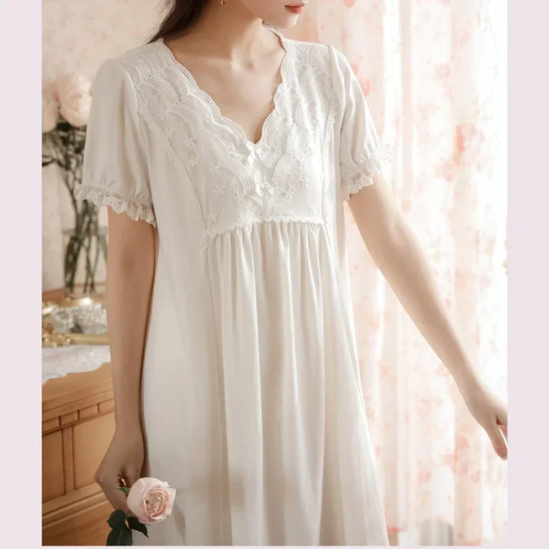 

Vintage Sexy Lace Fairy Short Sleeve Peignoir Nightdress Victorian Nightgowns Princess Sleepwear Women White Cotton Night Dress