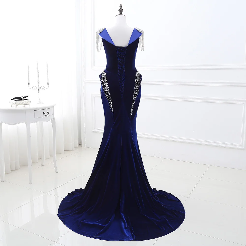 Graceful Tassel Pleats Crystal Lace Up Back Evening Dresses Temperament Mermaid Crew Neck Velvet Prom Gowns vestidos de fiesta