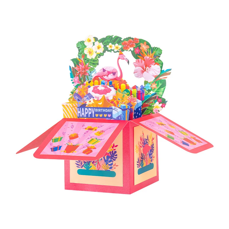 

2Pcs New Square Box Flamingo Magenta “Happy Birthday” 3D Pop-Up Greeting Card Ornament—Creative Gift with Envelope