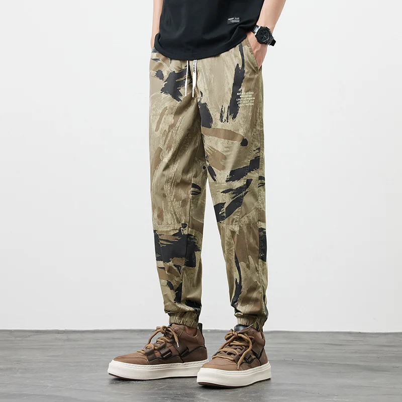 2024 Fashion Camouflage Ice Silk Pants Men's Summer Thin Breathable Sports Slim Fit Ankle-Tied Quick-Drying Casual Cropped Pants