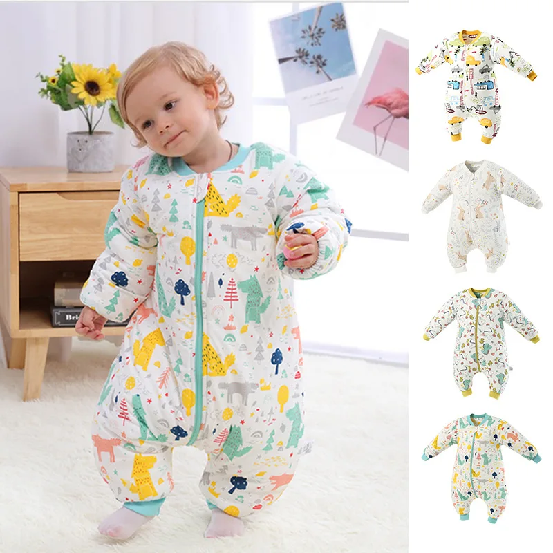 

100% Cotton Baby Sleeping Bag Long Sleeve Winter Cartoon Split Leg Removable Sleeve Sleepsack Wrap Fit 0~6 Year Baby