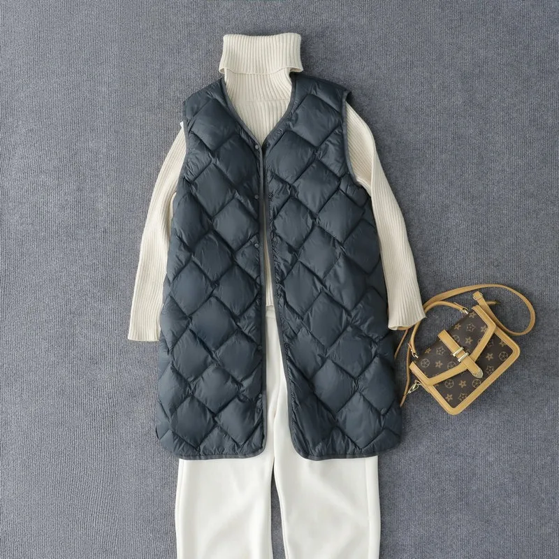 Autumn Winter X-Long White Duck Down Warm Female Korean Vest Coat 2023 New Arrivals Women Sleeveless Ultra Light Down Jacket