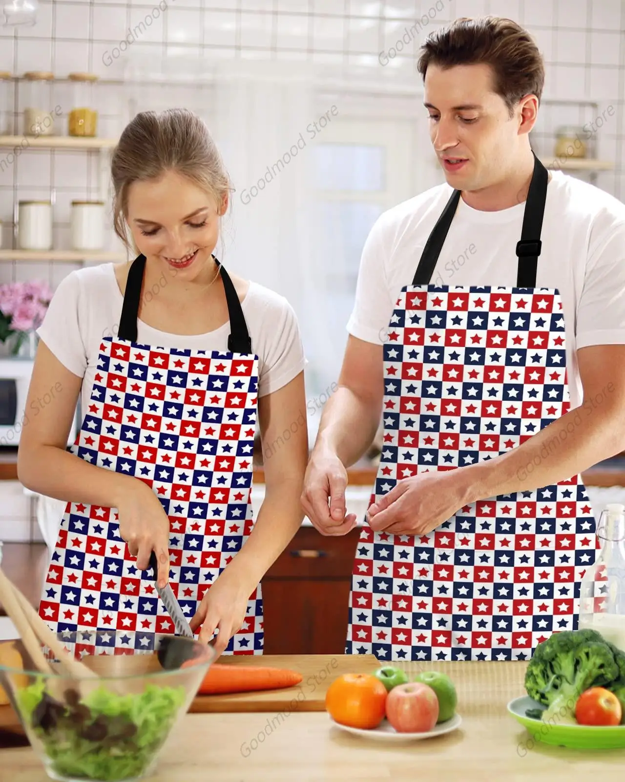 Independence Day Five-pointed Star Filling Bib Aprons with Pockets Waterproof for Men Women Buffalo Red Blue Checker Flag Day