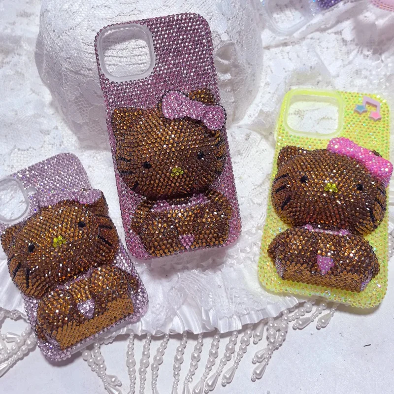

Hello Kitty Rhinestone Bling Crystal Phone Case Chain Kawaii for Iphone 16 12 13 14 15Pro Max X Xs Xr 7 8 Plus Se 2 3 10 Cartoon