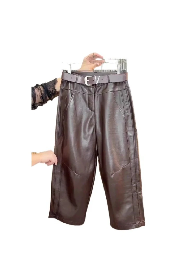 여성 루즈 와이드 레그 PU 가죽 바지 가을 겨울 신축성 있는 허리 패션 Y2K 따뜻한 바지 스트레이트 엘레강트 바지 아우터웨어