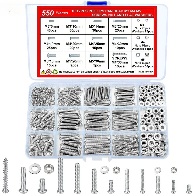 yes550 Pieces M3M4M5 Carbon Steel Galvanized PM Cross Pan Head Machine Screw Balancing Pad Nut Combination Set