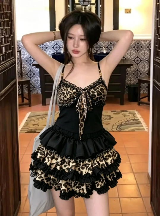 Subculture Fashion American Vintage Lace Sexy 2 Piece Set Sleeveless Camisole+ Elegant Leopard Print Mini Skirt Women's Clothes