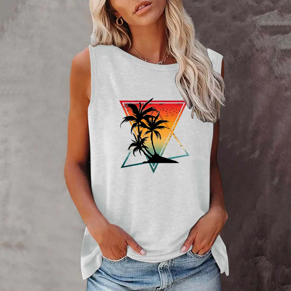 Seeyoushy Triangle Coconut Tree 2023 New Summer Trend Printed T-shirt Harajuku Women's O-neck Sleeveless T-shirt Ropa Para Mujer