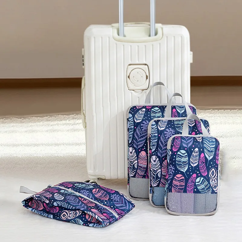 4Pcs/Set Printed Compression Storage Bag Large Capacity Expandable Luggage Storage Bags Set Dampproof Foldable Suitcases Bag
