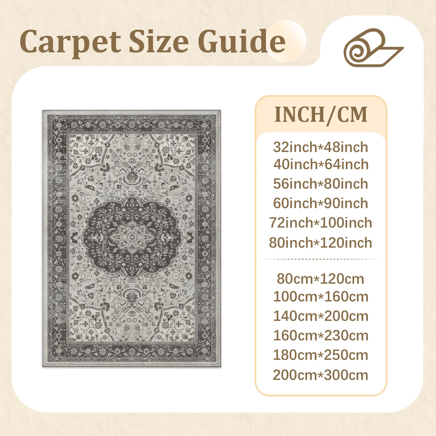Large Indoor Area Rug, Soft Velvet Low Pile with Non-slip Dotted Backing, Machine Washable Vintage Persian Floral Medallion Rug for Living Room, Bedroom Neutral Traditional Accent Carpet