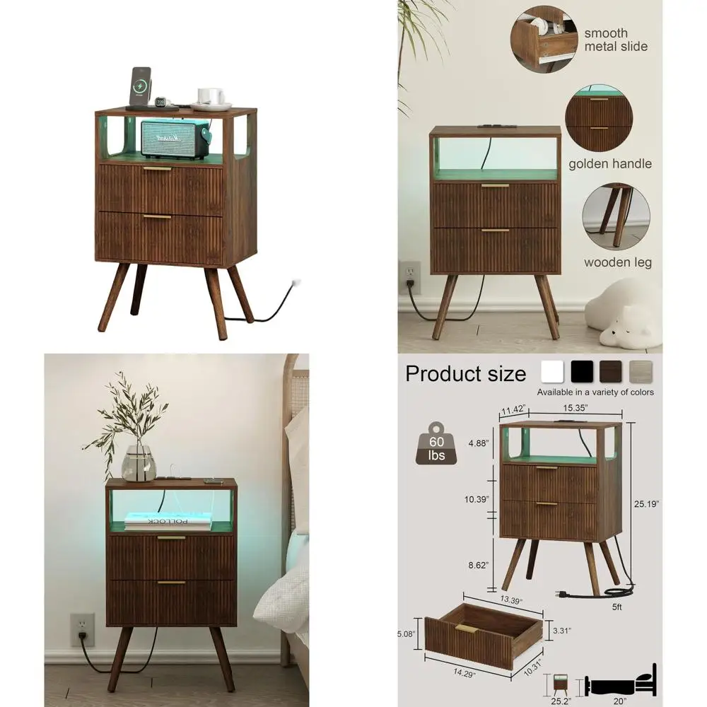 

Contemporary Nightstand with Charging Dock, LED Lights, and Storage Drawers for Compact Spaces