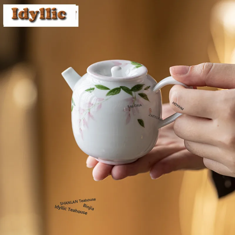 HOYIHM 145ml Turquoise Green Hand-painted Wisteria Flower Teapot Antique Tea Infuser Pot Tea Soaking Kettle With Ball Hole Cafes