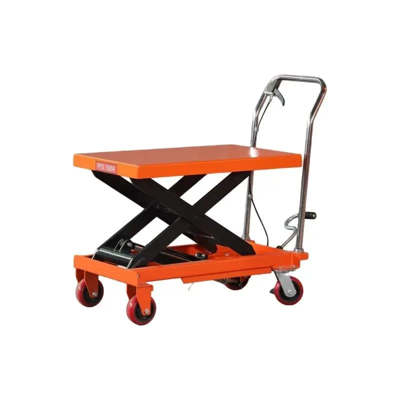 Manual hydraulic scissor-type lifting platform trolley, with steel platform, four-wheel and foot pump, suitable for handling