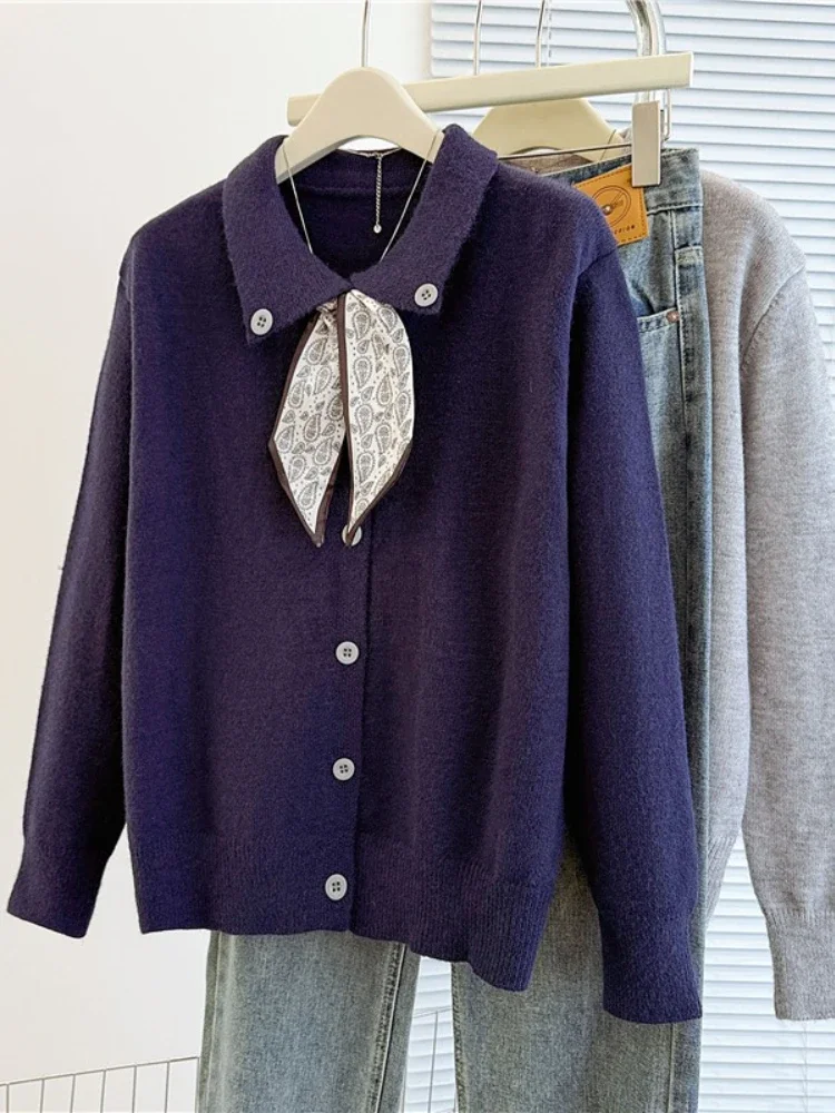 

Классический свитер с галстуком-бабочкой, осень-зима 2022, кардиган больших размеров, элегантный офисный женский вязаный свитер с длинными рукавами