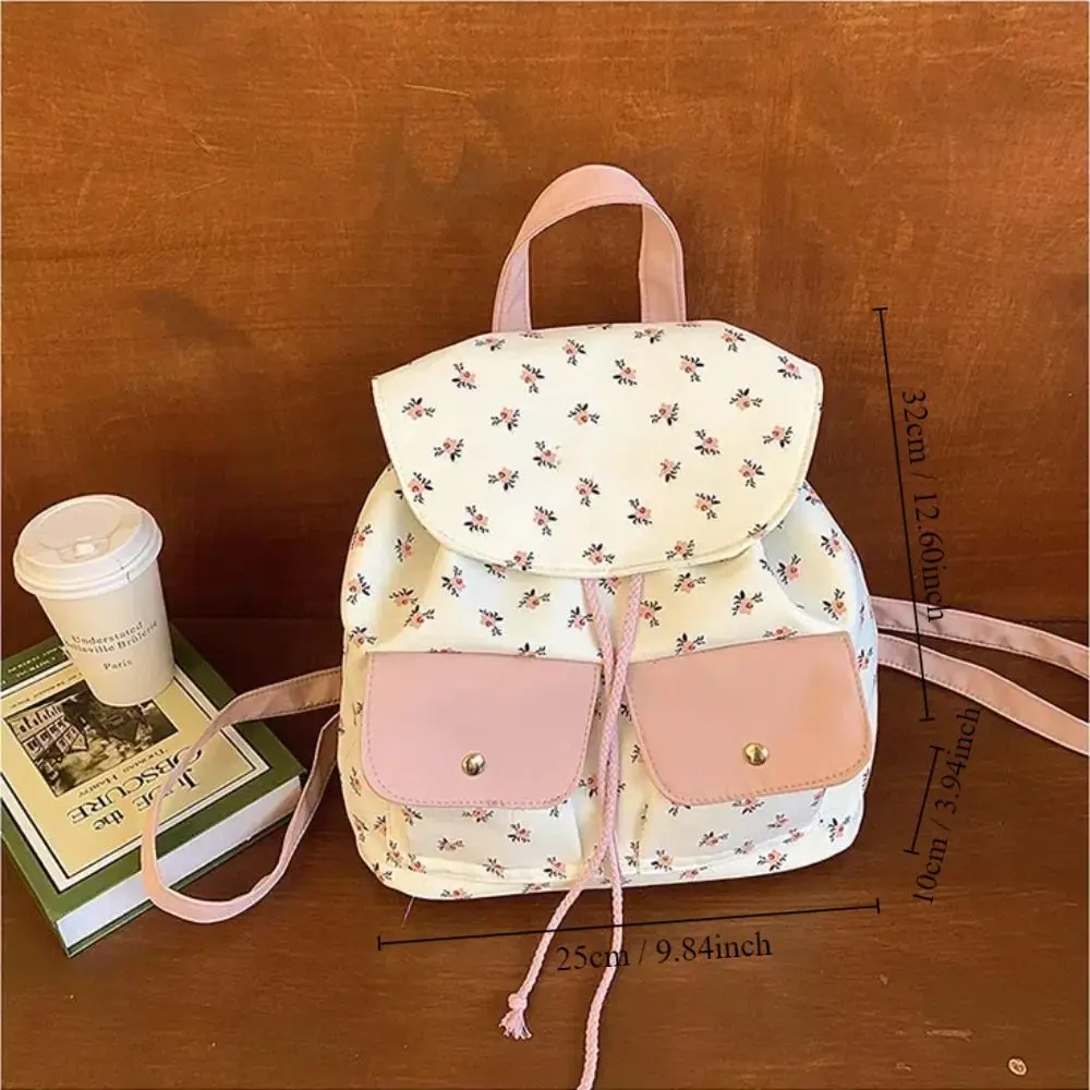 Mochila de lona con patrón de flores para niñas, bolsa de libros con cordón de gran capacidad, mochila de nailon para exteriores, moda