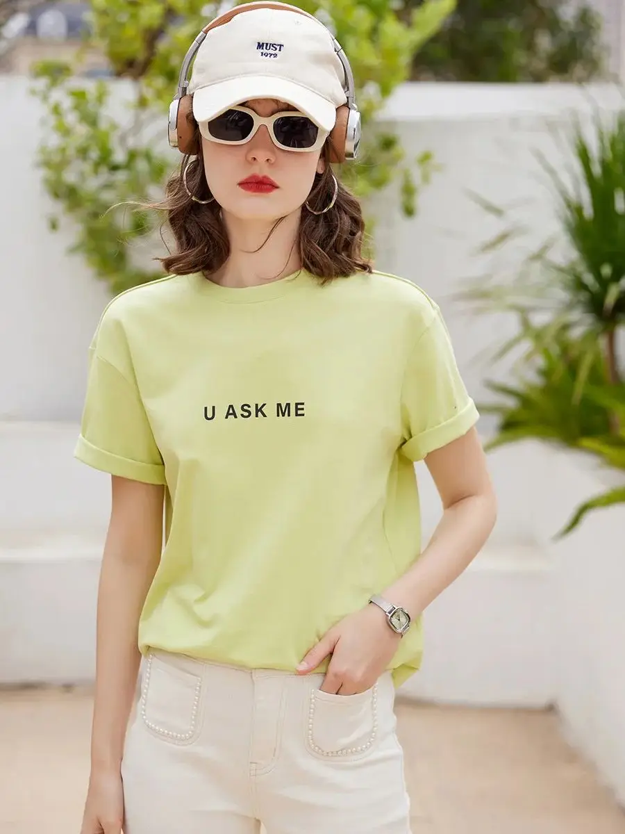 LOUIS YAO Women T-shirt 2024 Summer New Tee O Neck Short Sleeve Casual Print Letter Pullover Loose Basic Cotton Women\'s Top