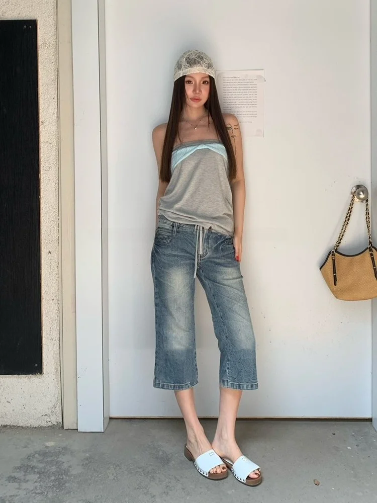 

Millennial Hot Girl Seven-Foot Washed Denim Jeans Women's Spring New Vintage Slim Mid-Waist Flared Cotton Pants