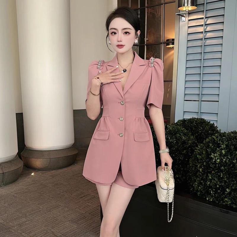 Women Summer Graceful Pink Slim Blazers Shorts Two Piece Set 2024 Korean Office Lady Short Sleeve Suit Jackets Pants Outfits