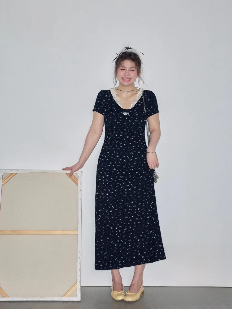 

Летнее платье больших размеров с цветочным принтом и высокой талией, силуэт трапециевидной формы, корейский Sle Commute Faion, перерыв на чай Dr для больших размеров W...