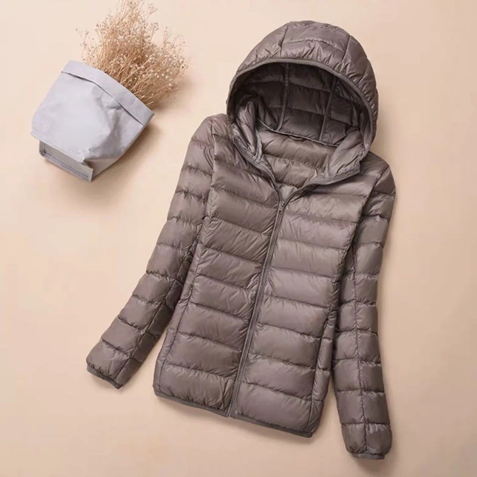 Casaco puffer down com capuz para mulheres, jaqueta com zíper, gola, bolso, desgaste do inverno