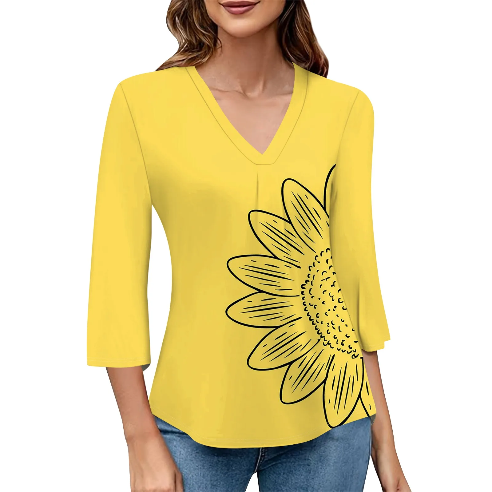 

Summer V-Neck High Quality Fashion Seven-Point Sleeve Clothing Street Trend Floral Printed Top Loose Casual Women's Wear